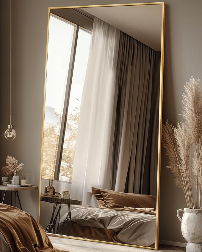 Antok Full Length Mirror, 81"x41" Floor Mirror with Stand, Hanging Mounted Mirrors for Bedroom, Living Room, Cloakroom, Dining Room, Gold, Rect