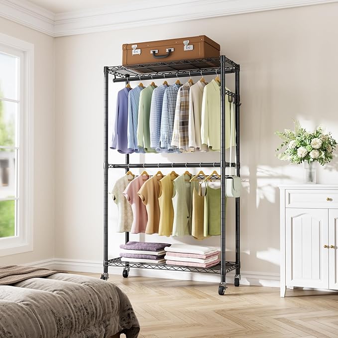 Heavy Duty Clothes Rack Rolling Garment Rack,2 Tier Adjustable Wire Shelving Clothing Racks for Hanging Clothes with Double Rods&Side Hooks,Freestanding Wardrobe Storage Rack Metal Portable Closet