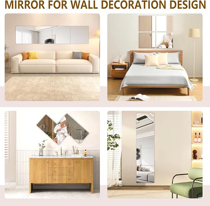 Stick on Small Mirror for Wall Decor, Plastic Non Glass Sticky Kids Safety Toddler Mirrors, 4 Pack 16”x12” Acrylic Mirror Tiles, Shatterproof Mirrors Sheet for Bedroom Closet,Gym Body Mirror's