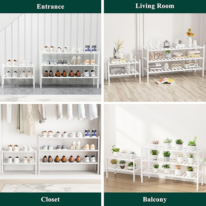 Smiry Long Bamboo Shoe Rack, 2 Tier Free Standing Wooden Shoe Organizer, Stackable Wood Shoe Storage Shelf for Closet, Entryway, 12 Vertical Slats, One-piece Standard Legs, 33.7"x11"x13", White