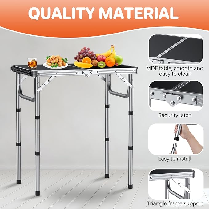FUNYKICH 2ft Small Folding Camping Table(L22.8'' xW15.7''), 3 Height Adjustable Portable Picnic Table, Lightweight Aluminum Outdoor Tables with Carry Handle for Camping, Picnic, Silver