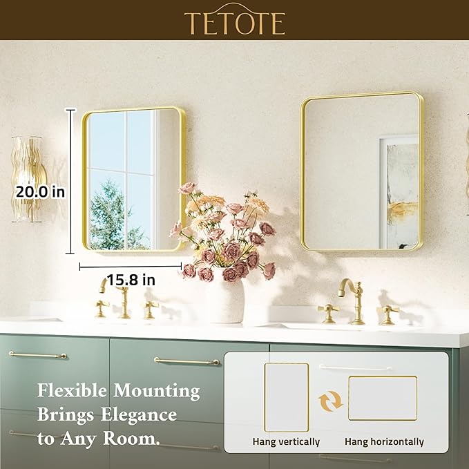 TETOTE 16 x 20 Inch Gold Bathroom Mirror Brushed Gold Metal Framed Vanity Mirror, Tempered Glass, Wall Mounted for Bathroom, Entryway, Bedroom, Living Room(Horizontal/Vertical)
