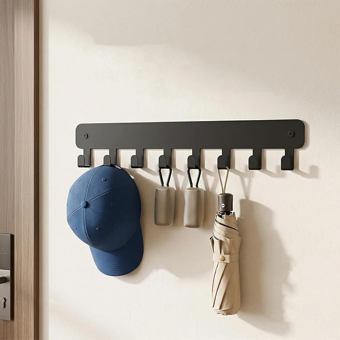 4 Pack Key Holder Wall Mount, Black Stainless Steel Key Hooks with 8 Hooks, Adhesive and Screw Mounting for Living Room Kitchen Bathroom Hallway