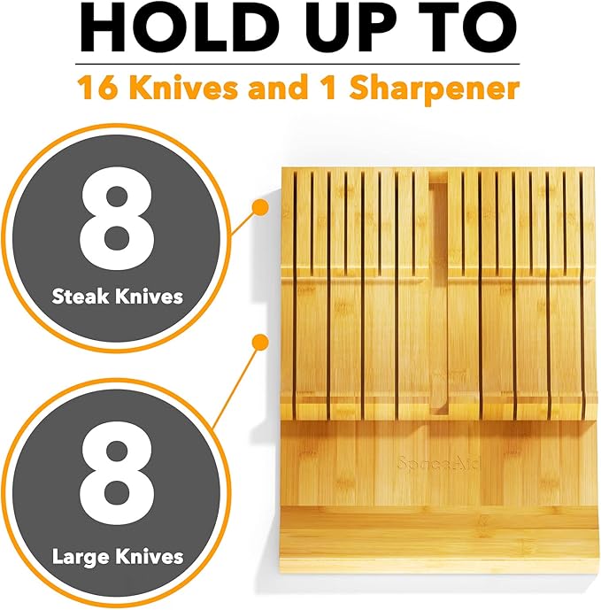 SpaceAid Bamboo Knife Drawer Organizer Insert, Kitchen Steak Knives Holder Organizers Block for Drawer Storage Organization (16 Knife Slots and 1 Sharpener Slot)