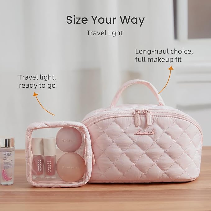 LOVEVOOK Travel Makeup Bag for Women, 2Pcs Puffer Waterproof Cosmetic Organizer, Large Capacity Pouch Open Flat Small Toiletry Bag with Brush Compartment & Handle (Red Bean Paste, Medium)