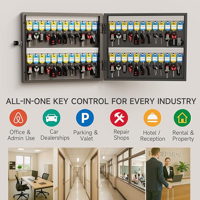 48 Key Lock Box, Key Cabinet with Key Management App (Track Key Borrow/Return), Security Key Holder Wall Mount Lockbox for School, Office, Hotel, Property Management