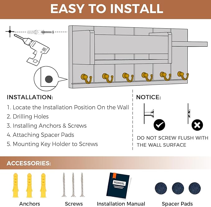 RelaxScene Key Holder Wall Mount - Key Hooks for Wall Decor Living Room - Wooden Key Hanger Rack and Mail Organizer with Shelf for Home Essentials - Modern Entryway House Decor Aesthetic