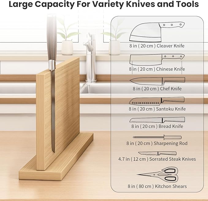 THMINS Magnetic Knife Block, 16 x 9 Inch Double-Sided Wooden Knife Holder for Kitchen Counter, Extra Large Magnetic Knife Stand and Storage Organizer