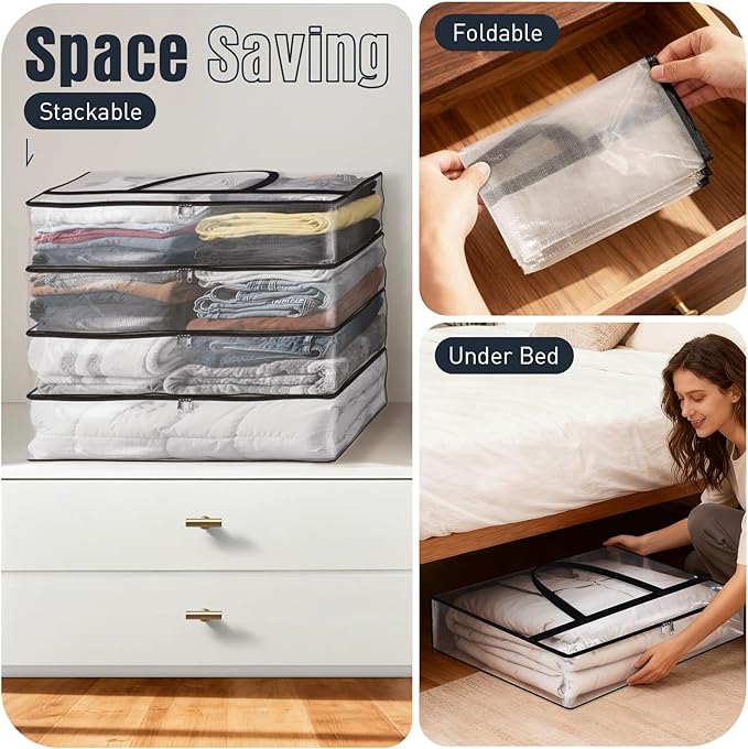 Clear Under Bed Storage Containers - 4 Pack Large Capacity Clothes Storage Bags with Lid & Sturdy Handles, Foldable Moving Bags, Clothing Organizer Totes for Bedding, Comforter, Sheet(40 L)