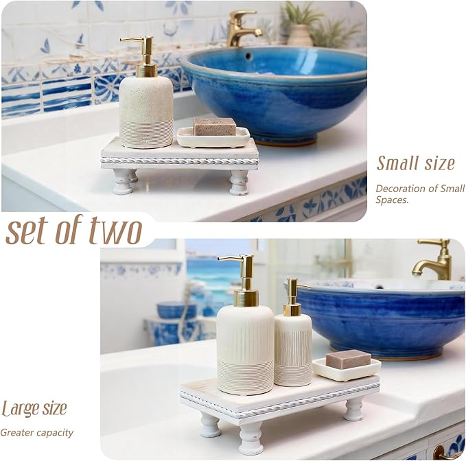 Wood Tray Pedestal Stand, Waterproof Bathroom Counter Organizer, Modern Farmhouse Riser for Soap/Candle/Sponge White Set (Middle+ Small