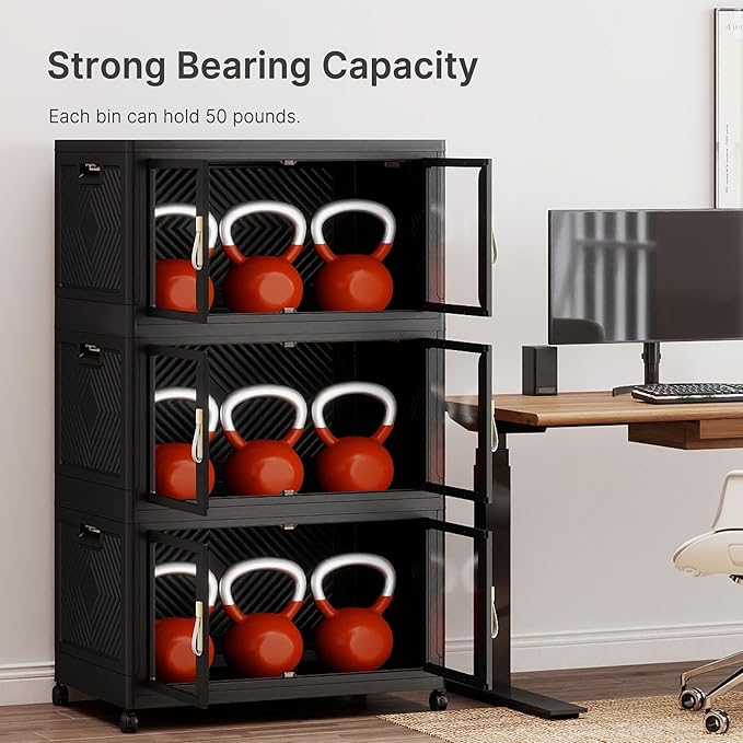 UAMFURI Stackable Storage Bins with Lids, Clear Doors, Large Storage Cabinet Foldable Collapsible Closet Organizers for Bedroom Dorm Office (3, Black, 160, Quarts)
