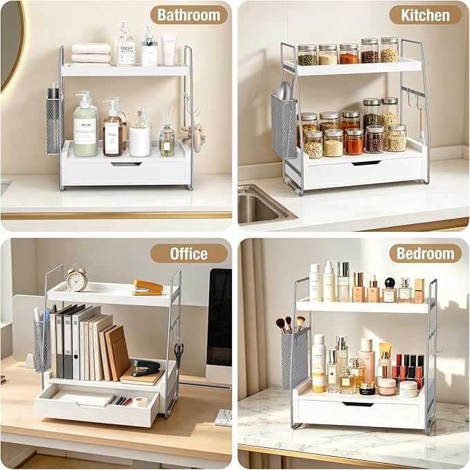 2-Tier Bathroom Counter Organizer with Drawer and Removable Basket, Wood Vanity Countertop Storage for Perfume, Makeup, Skincare, Bathroom Counter Shelf, Moisture-Resistant, Silver