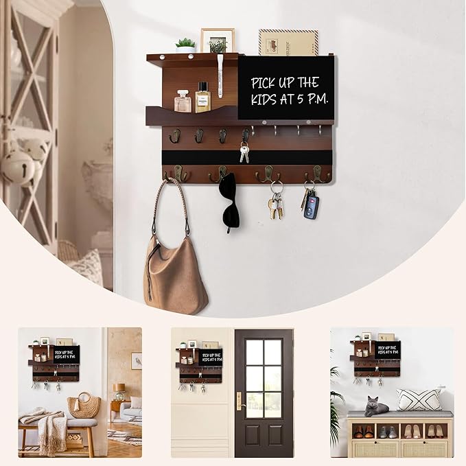 Key Holder for Wall Mount with Shelf and Mail Organizer, Key and Mail Holder with 16 Hooks, Farmhouse Entryway Organizer, Home Decor Rack(Pine Wood, Brown)