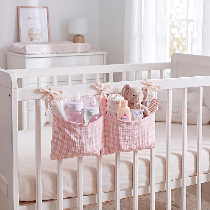 Gingham Crib Organizer Hanging Cotton Baby Bedside Hanging Storage Bag Storage Crib Organizer Baby Nappy(Pink)