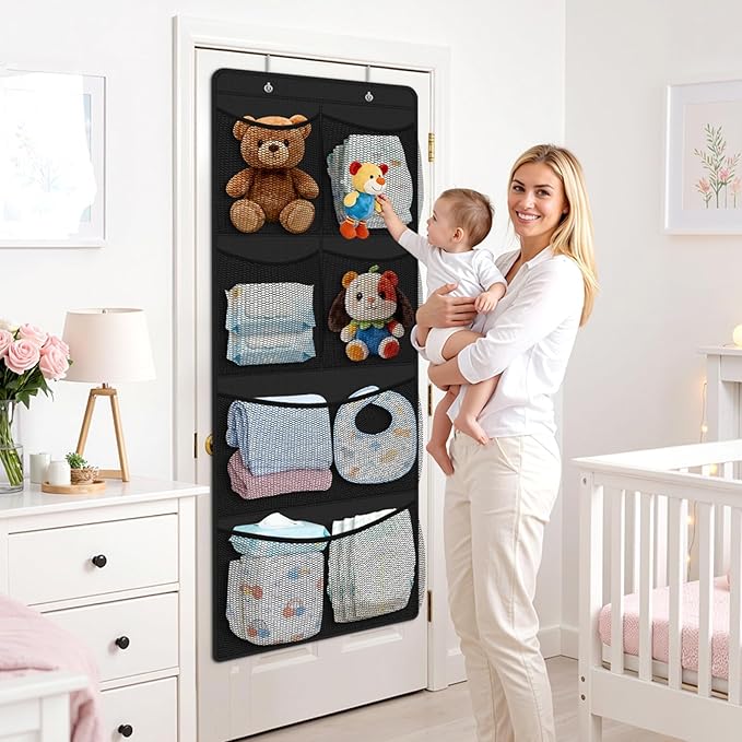 SpaceHacks Stuffed Animal Storage - Large Over the Door Organizer with 6 Expandable Mesh Pockets & Metal Hooks, Non-Woven Fabric Hanging Plush Items Holder for Nursery, Bedroom, Playroom (Black)