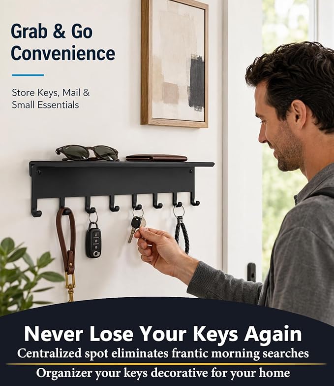 Key Holder Hooks Organizer Hanger Rack Wall Mounted Sweet Home Metal Decor Stylish and Practical for Entryway Front Door Kitchen Hallway Garage Mudroom Office Hardward Included Black (Key hook shelf)