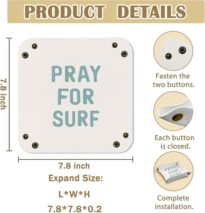 Surfer Gifts Jewelry Valet Tray for Women Men, Pray for Surf Coastal Beach PU Leather Catchall Beside Caddy Nightstand Organizer Tray for Jewelry Rings Watches and Accessories, 7.87x7.87in