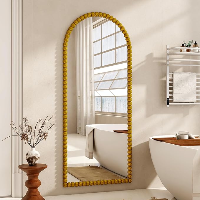 28"x71" Gold Arched Full Length Mirror, Vintage Beaded Decorative Floor Full Body Dressing Mirror as Room Decor Hanging Leaning Standing for Living Room, Bedroom, Vanity Area