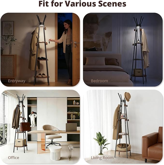 young master Coat Rack, Freestanding Coat Rack with 3 Shelves and 12 Hooks, Coat tree with Motion Sensor Light for Entryway, Livingroom, Hall Tree Free Standing for Coats, Scarves, Handbags, Black