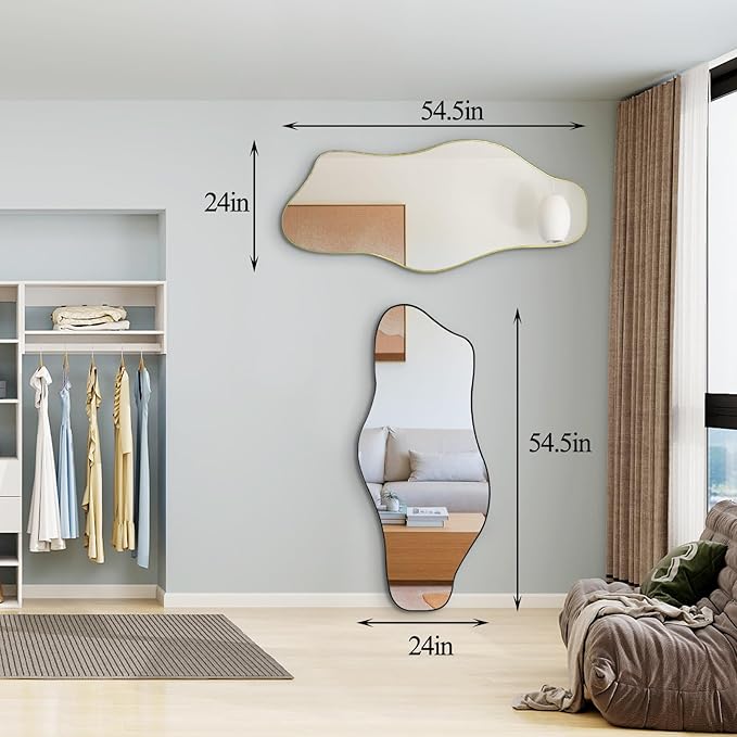 Large Irregular Mirror, 54.5"x24" Asymmetrical Tempered Glass Mirror, Modern Abstract Frameless Mirrors for Living Room Bedroom Hallway Entryway, Hangs Vertically or Horizontally