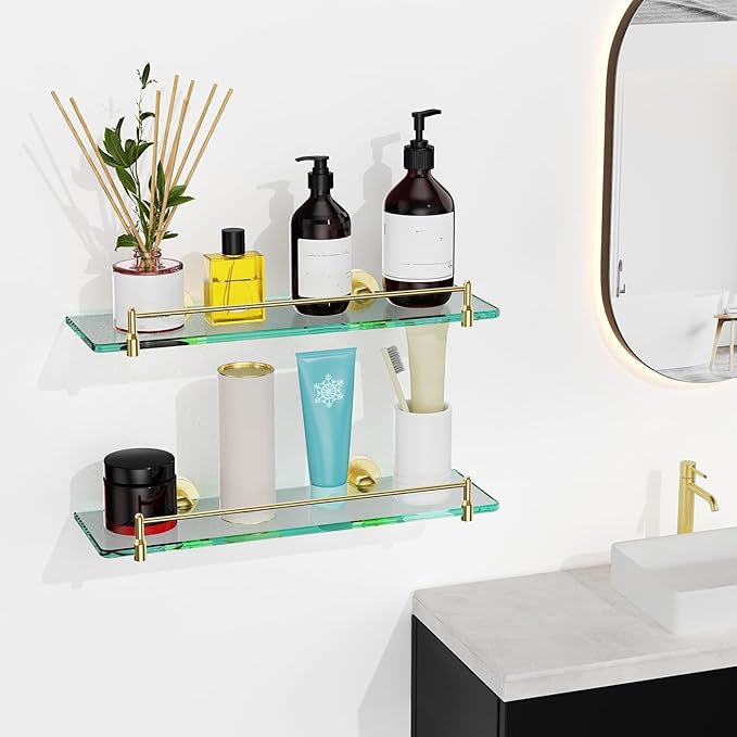 Glass Bathroom Shelves,Brushed Gold Floating Shelves for Wall Rectangular Modern Stainless Steel Glass Shelf for Bathroom Shelves wall Mounted 16 Inch