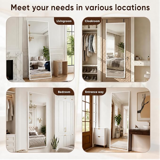 Antok 48''x 14'' Full Length Mirror Over Door, 4-in-1 Standing Leaning Wall Mounted, Adjustable Hanging Mirror for Bedroom Living Room, White, Rounded Corner
