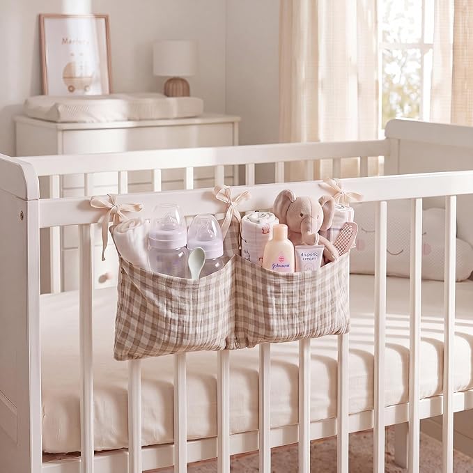 Gingham Crib Organizer Hanging Cotton Baby Bedside Hanging Storage Bag Storage Crib Organizer Baby Nappy(Beige)