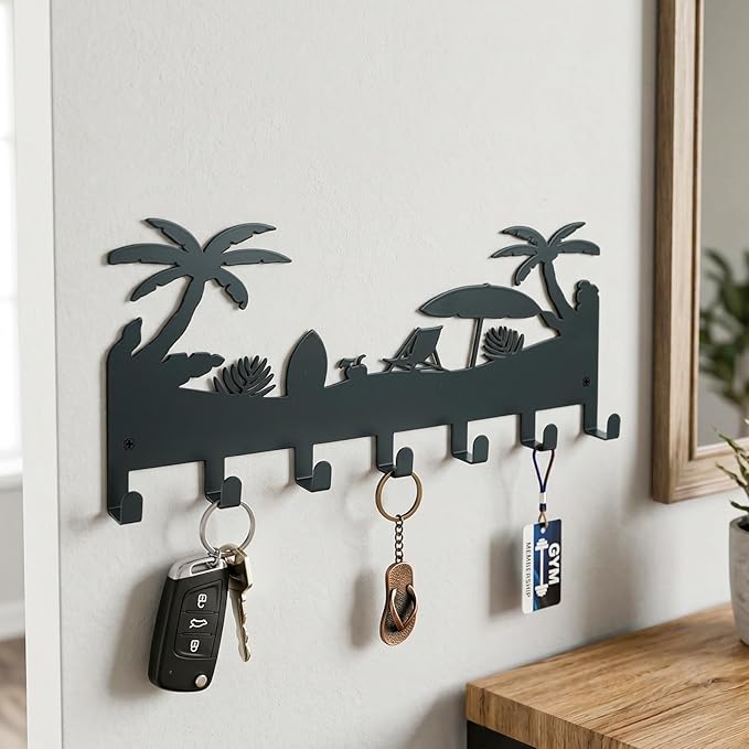 Metal Key Holder Wall Mount, Coastal Tropical Key Rack Hooks, Beach Palm Tree Sunset Wall Art Organizer for Entryway, Kitchen, Hallway, Garage, Farmhouse Home Decor & Housewarming Gift(Coconut Tree)