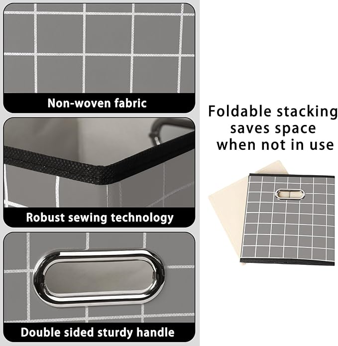 STOREONE Fabric Storage Bins Cubes Baskets Containers-(11X11X11) with Dual Handles for Shelf Closet, Nursery Home , Bedroom Organizers, Foldable Set of 3 (Grey grid)