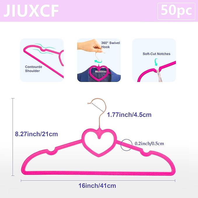Hot Pink Velvet Hangers 50 Pack, Premium Non-Slip Heart Hanger, 360ยฐ Swivel Rose Gold Hooks, Space Saving Slim Hanger, Durable & Cute Clothes Hanger for Adult