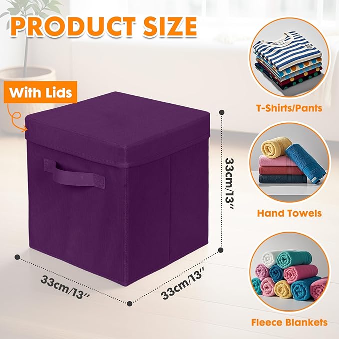 ShellKingdom Storage Bins, Foldable Fabric Storage Cubes with Lid, Clothes Storage Organizer Drawer For Closet Toys Storage, 13 X 13 X 13 INCH, 2 Pack (Purple)