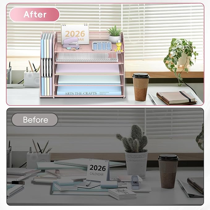 SUPEASY 5-Tier Desk Organizer with File Holder, Desk Organizers and Accessories, Paper Organizer for Desk, Mesh Desktop File Organizer, Workspace Organizers for Office School Home, Pink