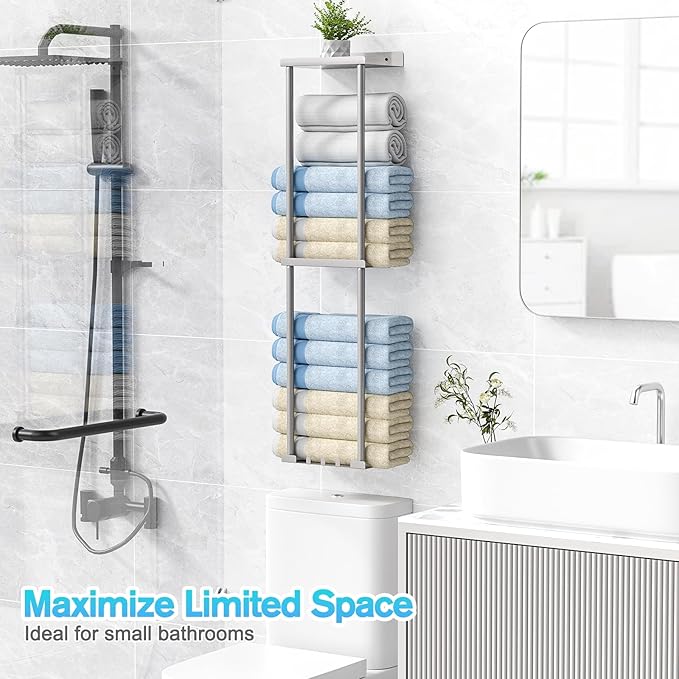 Liuoud Towel Rack Storage for Bathroom, Wall Mounted Vertical Rolled Towel Organizer Holder with Shelf, Holds Up 6 Large Bath Sheets, Silver Grey