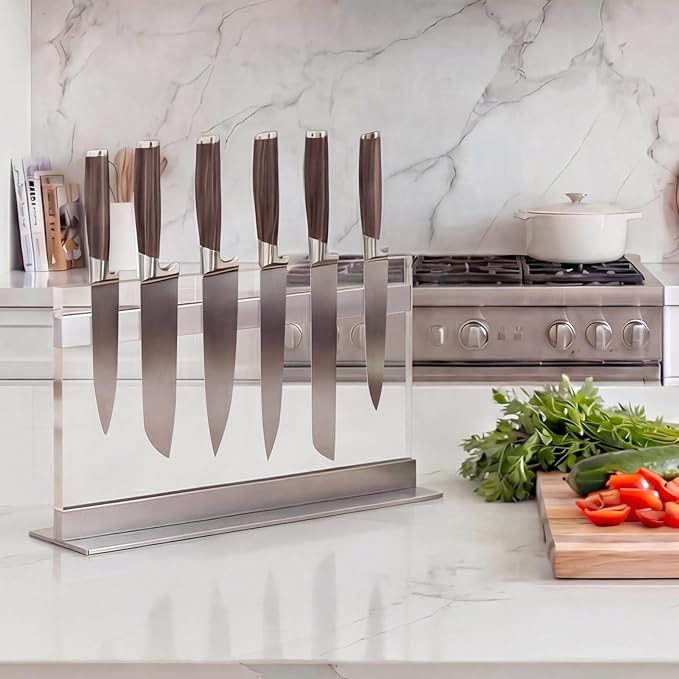 THMINS Acrylic Magnetic Knife Block, Large Transparent Magnetic Knife Holder Double-Sided Magnetic Kitchen Countertop Universal Knife Display Stand Multifunctional Storage