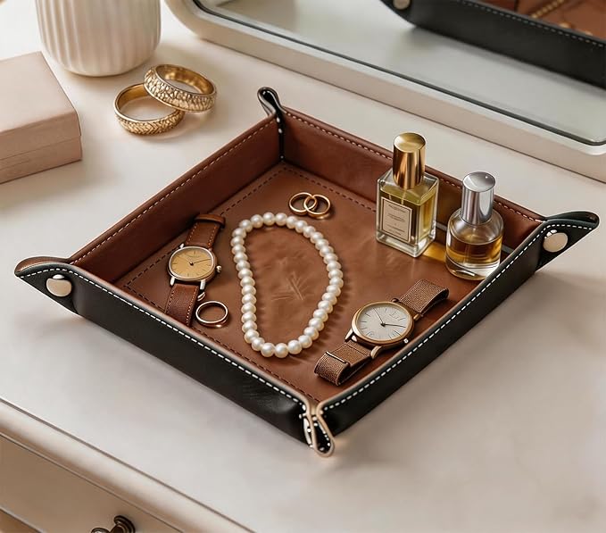 Valet Tray Desktop Storage Organizer – Vegan Leather Catchall Tray Bedside Vanity Tray Nightstand Caddy Holder for Remote Controller, Watch, Keys, Phone, Wallet, Coin, Jewelry, Brown
