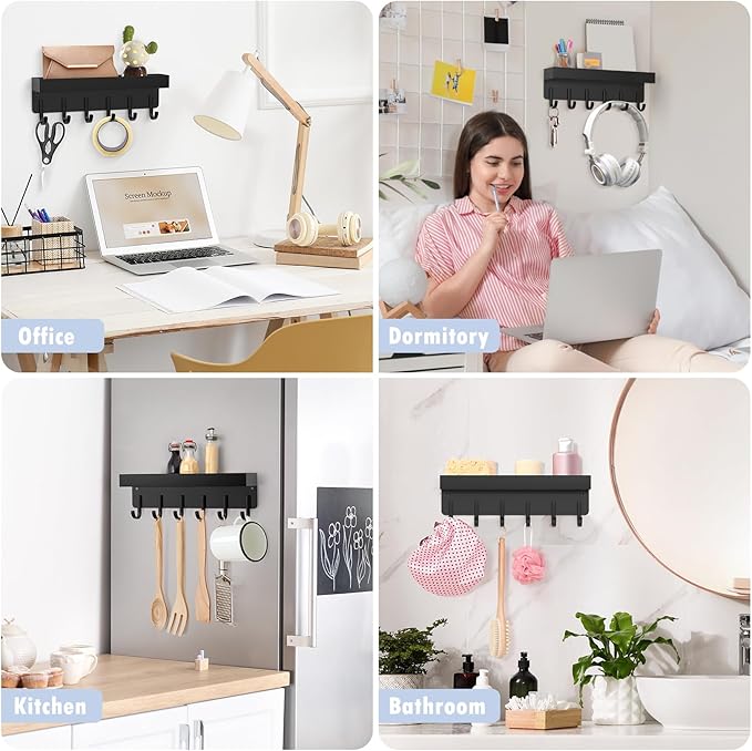 Magnetic Key Holder, Small Wall Mount Key Rack with Shelf for Fridge, 6 Metal Hooks, 9.65 Inch, 2 Installation Options, Black