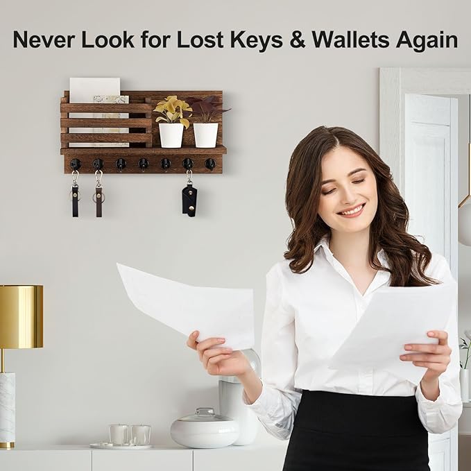 Lwenki Key Holder for Wall – Decorative Wooden Mail Holder and Key Shelf with Mounting Hardware, Installation Guide – Paulownia Wood with Metal Key Hooks (Brown, Extra Large - 15.6inch)