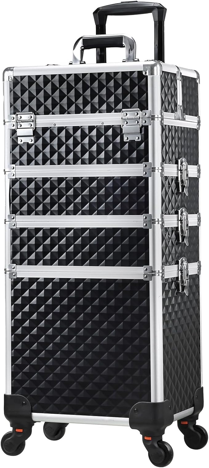 Stagiant Rolling Makeup Case Cosmetology Case on Wheels 4 in 1 Large Cosmetic Organizer Train Case Makeup Travel Case with Key Swivel Wheels Nail Artist Salon Storage Traveling Cart Trunk Black