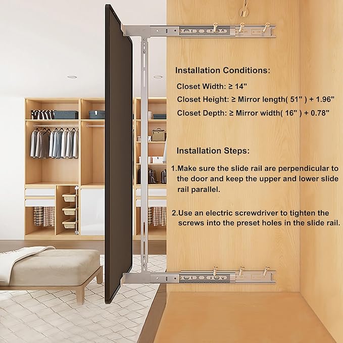 Hideaway Closet Mirror, Retractable Full Length Mirror, 51" x 16" Wall Mounted Mirror, Suitable for Bedroom, Locker Room, Cloakroom - White