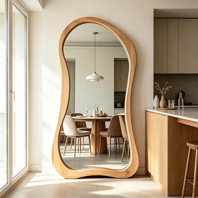 Irregular Full Length Mirror, 71"x33.5" Oversized Organic Floor Mirror with Solid Wood Frame, Asymmetrical Full Body Mirrors for Living Room Entryway Hallway Cloakroom, Leaning/Hanging