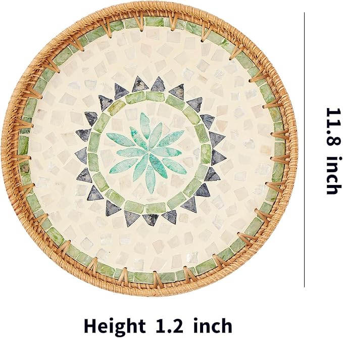 Kmelep Round Rattan Tray with Mother of Pearl Inlay, Rattan Serving Tray with Wooden Base, Decorative Wicker Basket for Table Decor, Storage and Display of Coffee Bread Food Fruit (Bohemia)