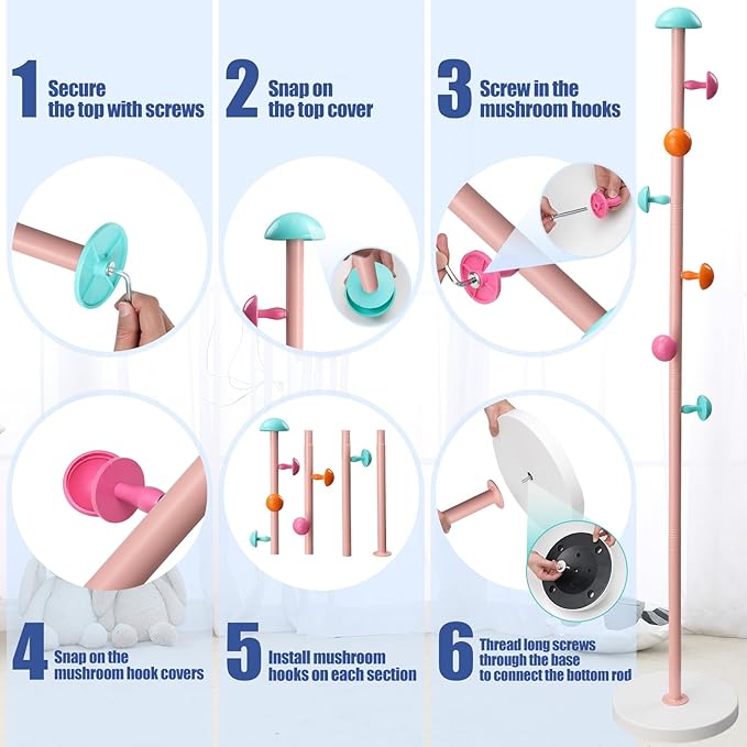 Space Saving Kids Coat Rack with 6 Cute Hooks - Durable Metal Organizer for Coats, Hats, and Bags - Easy Assembly, Tenant Friendly Design for Bedroom or Entryway