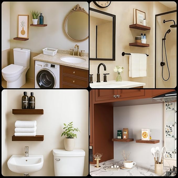 Floating Shelves for Wall, Bathroom Shelves Over Toilet, Wall Shelves & Book Shelf, Hanging Shelf, Modern Wooden Wall-Mounted Small Floating Shelves, 12x7x1.5 in (Walnut-Like, Set of 2)