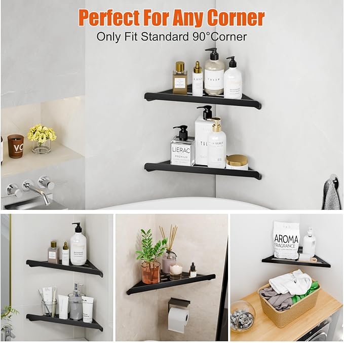 Fikoksol Shower Caddy, 2 Pack Bathroom Corner Shelf, Triangle Shelf Storage for Bathroom Shower, Black Metal Shower Shelf & Rustproof Wall Mounted Adheisve Glue Organizer Accessories and Essentials