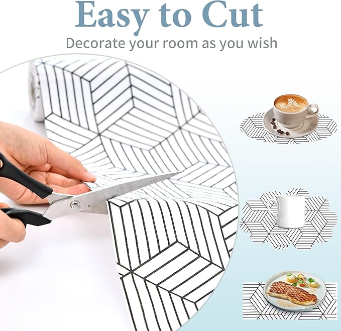 Shelf Liners for Kitchen Cabinets 17in x 30FT, Non Adhesive Cabinet Liner Strong Non-Slip Thickened Black White Geometric Drawer Liner, Easy to Clean for Shelf, Cabinet with Knife and Tape Measure
