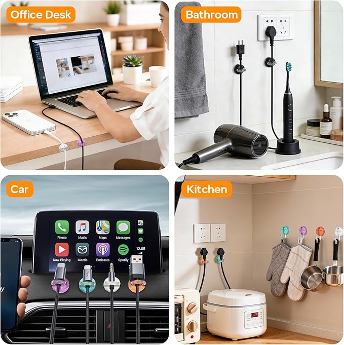6 Pack 360° Rotatable Magnetic Cable Clips, Under Desk Cable Holder, Acrylic Adhesive Cord Holder, Wire Cord Organizer for Phone Charger Cords, Home Office Car Wall Desktop(Black)