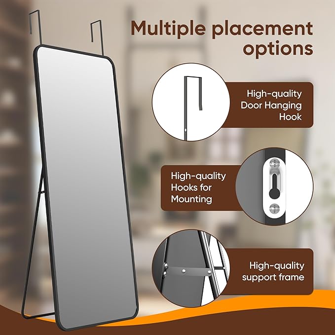 Antok 49''x 15''Full Length Mirror Over Door, 4-in-1 Standing Leaning Wall Mounted, Adjustable Hanging Mirror for Bedroom Living Room, Black, Rounded Corner