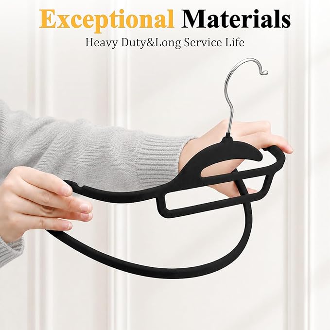 Black Velvet Hangers 50 Pack, S-Shaped and Stackable Non Slip Felt Hanger with 360°Swivel Hook, Ultra Thin and Space Saving Flocked Hangers for Suits, Shirts, Coats, 15Lbs Capacity Heavy Duty