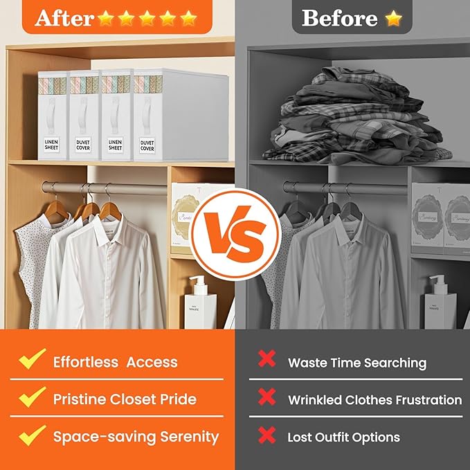 WOWBOX Sheet Organizers and Storage,Closet Bed Sheet Organizer Under Bed Storage and Organization with Label Cards & Clear Window for Bedding Sheets,Duvet Covers,Blankets (8 Pack,White)