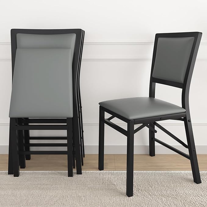 VECELO Folding Chairs Set of 4 with Cushion, Foldable Padded Seats with Heavy Duty Metal Frame for Kitchen/Dining/Living Room, No Assembly & Space Saving Design, Grey